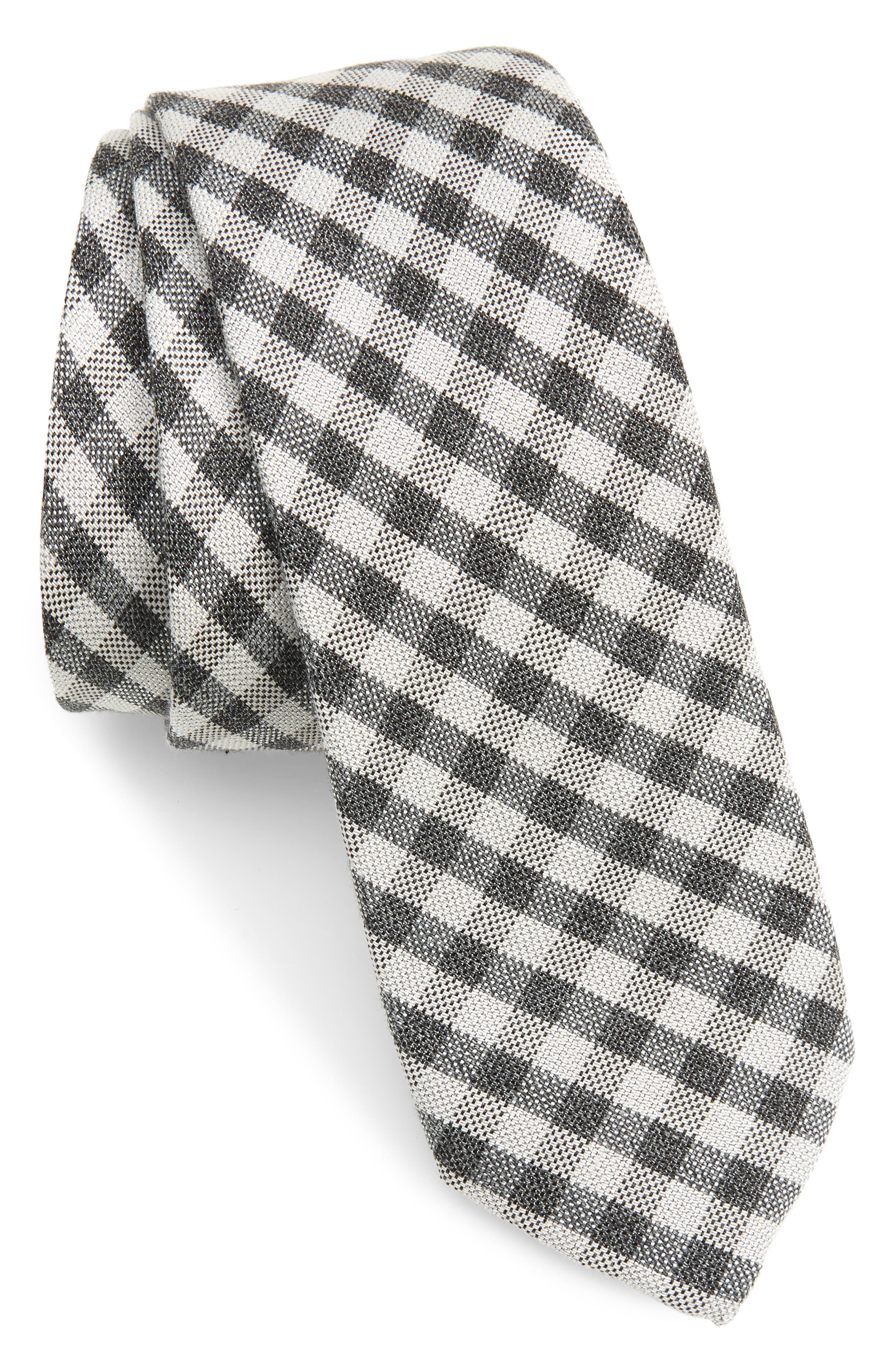 Grey Check Necktie and Cream Pocket Square Set Wedding Tie Wool Necktie